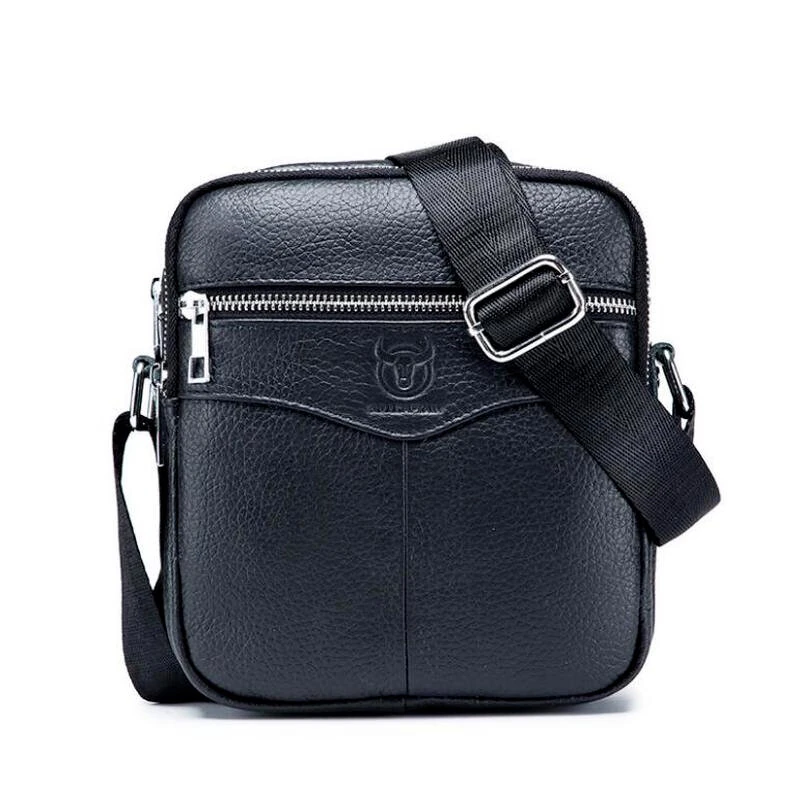 (image for) BULLCAPTAI Genuine Leather Men's Shoulder Bag Cowhide Messenger Bags Fashion Male Causal Small Double Zipper Crossbody Bag Short-distance Compact Mini Travel Bag