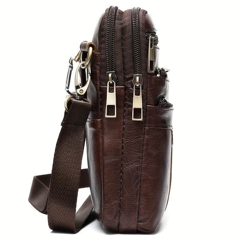 (image for) Ekphero Men's Genuine Leather Crossbody Bag with Zipper Mobile Phone Shoulder Bag Small Travel Waist Bag Multi-Pockets Male Belt Waist Packs